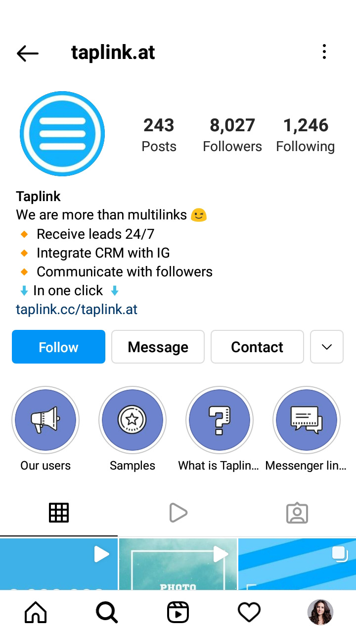 Taplink’s profile on Instagram with the logo set as the profile picture