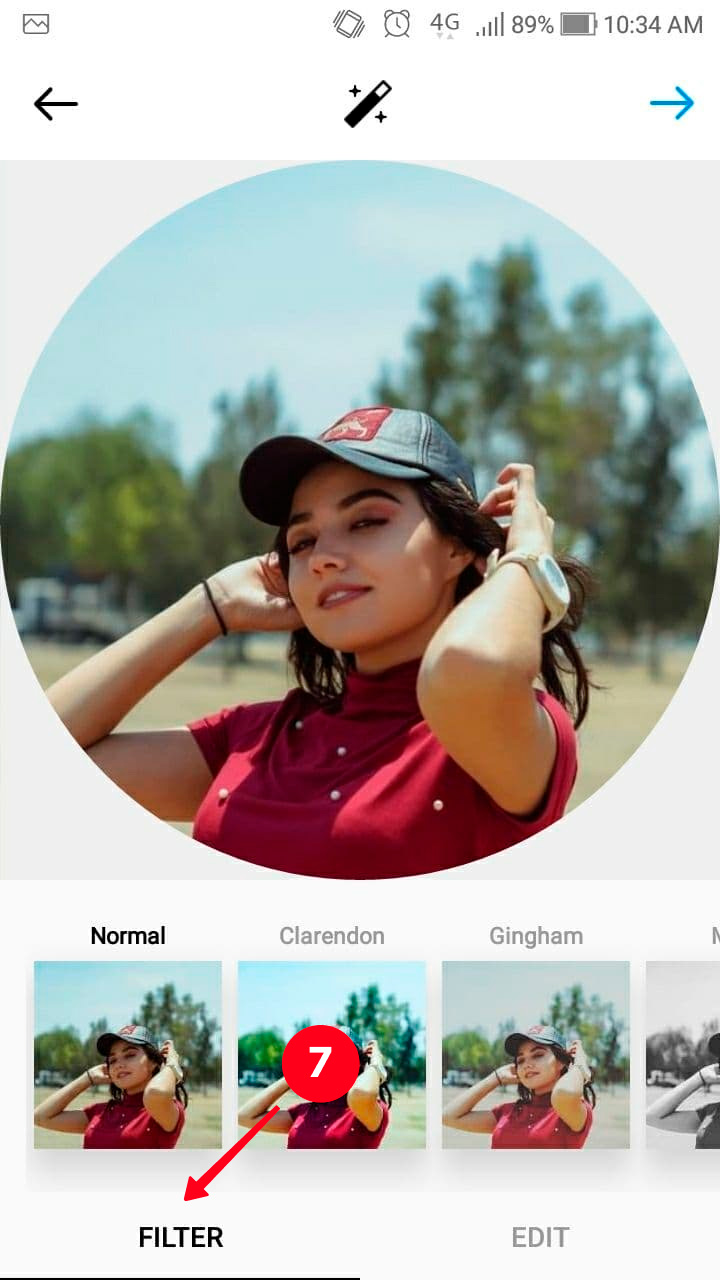 Choosing the Filter tab in the Instagram profile picture updating menu on an Android-powered smartphone