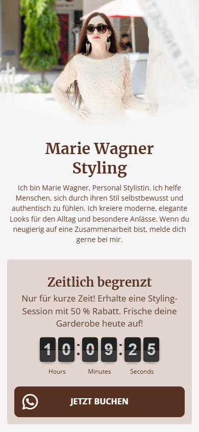 Ein Teil der in Taplink AI generierten Seite mit einem Profilbild, einer Beschreibung und einem limitierten Angebot