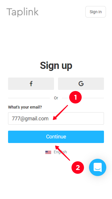 Signing up with email on Taplink