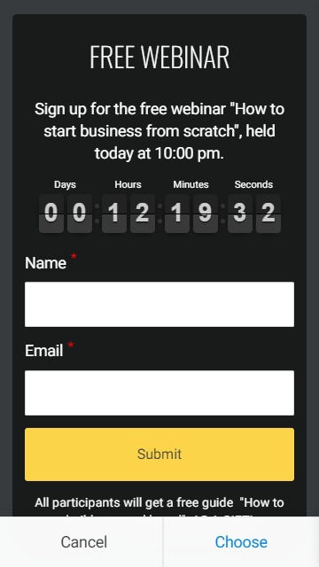 Un timer che conta fino all'inizio del webinar gratuito su un sito web di un business coach