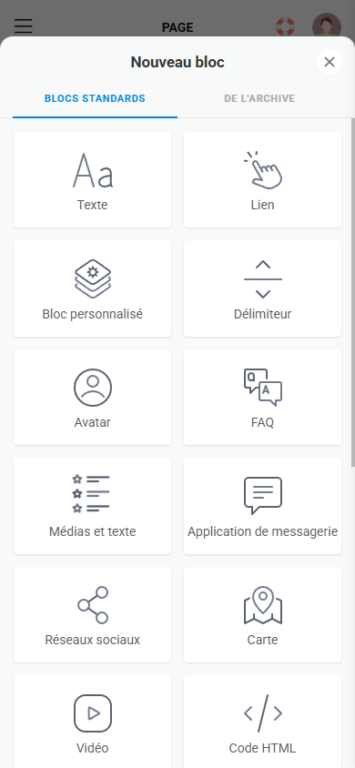 Première moitié des blocs de contenu disponibles