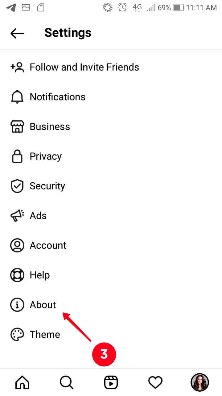 Choosing About in the Instagram settings on an Android smartphone