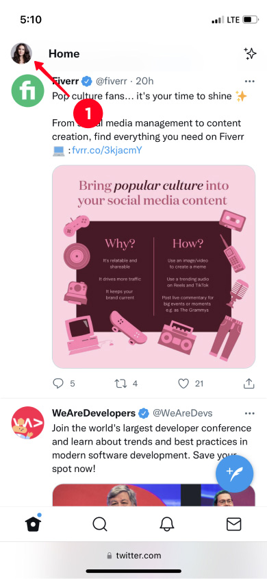 Tapping the profile photo in the home tab in the Twitter app