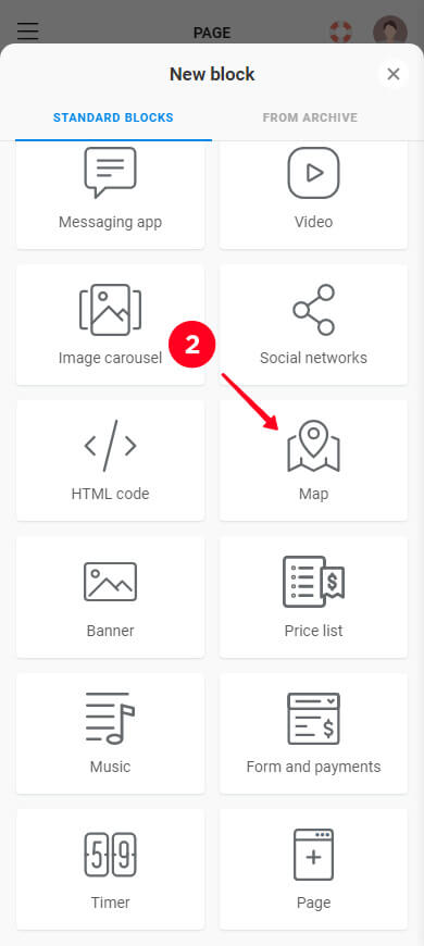 Selecting the Map block in Taplink