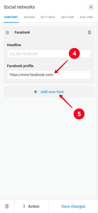 Entering a Facebook profile link and tapping Add new item in the Social networks settings page