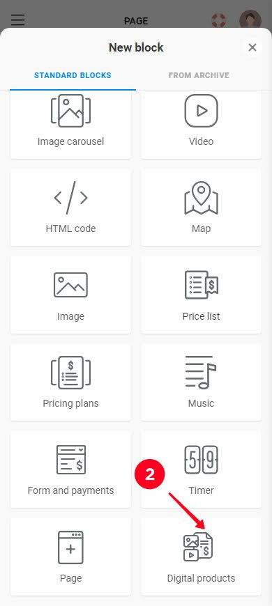 Memilih produk Digital pada daftar blok Taplink