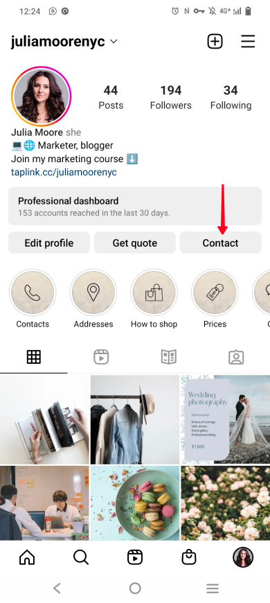 Highlighted Contact button in an Instagram bio