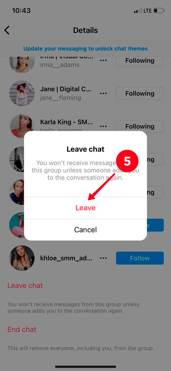 Confirming leaving the group chat on Instagram