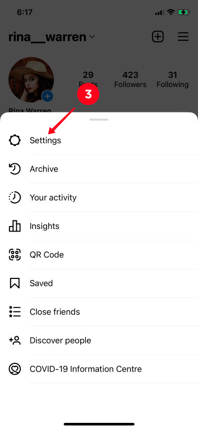 Choosing Settings on the list in the Instagram app