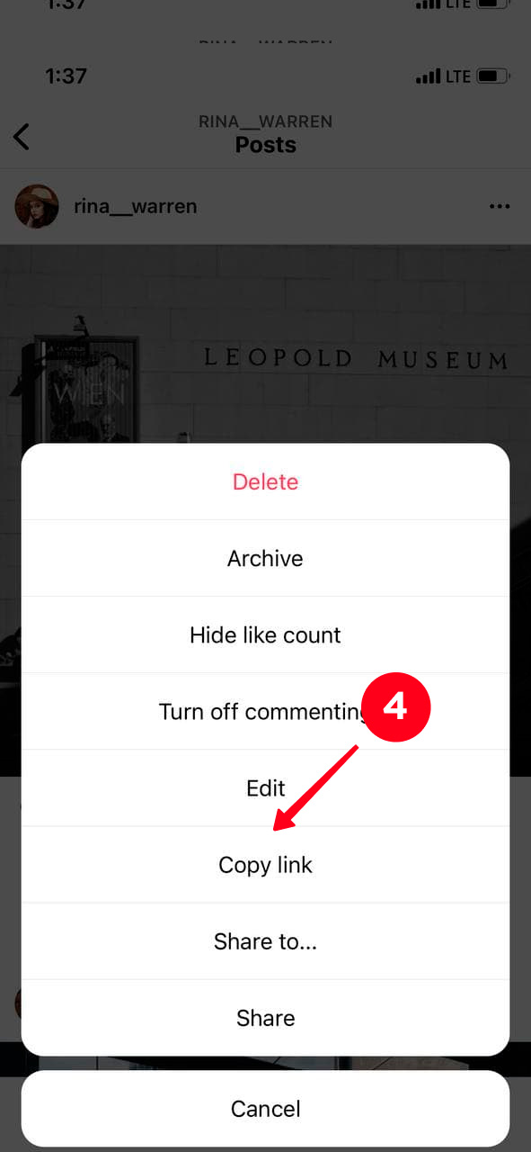 Choosing Copy link on the list of options in the Instagram Archive