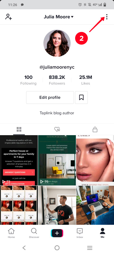 Tapping the three dot icon in the TikTok profile tab
