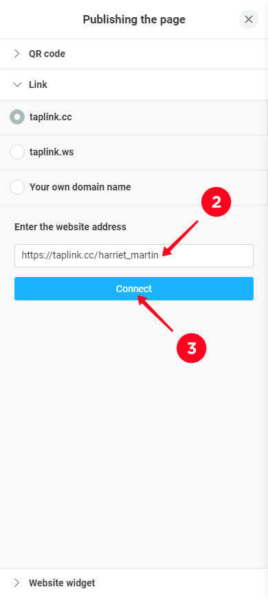 Typing a username for the virtual business card link and tapping Connect