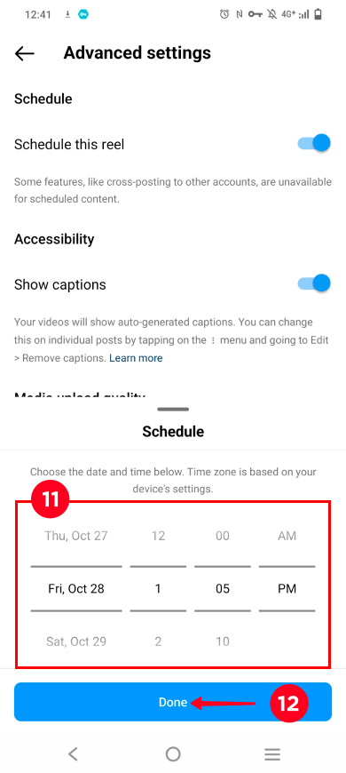 Setting the day and time for delayed posting in the Instagram app