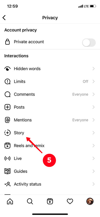 Choosing Story in the Instagram Privacy settings