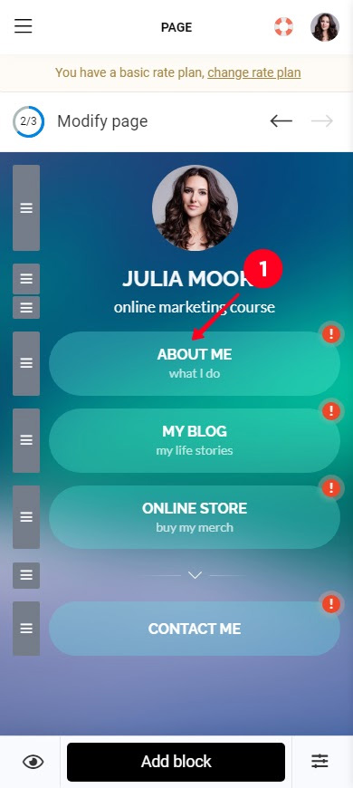 Tapping a button in the Taplink page editor