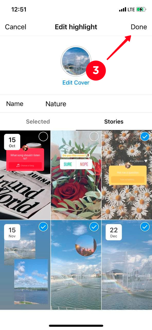 Tapping Done in the Instagram highlight settings