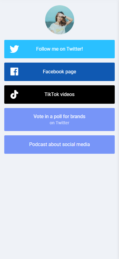 Branded Twitter, Facebook, TikTok links and regular links added to a Taplink page