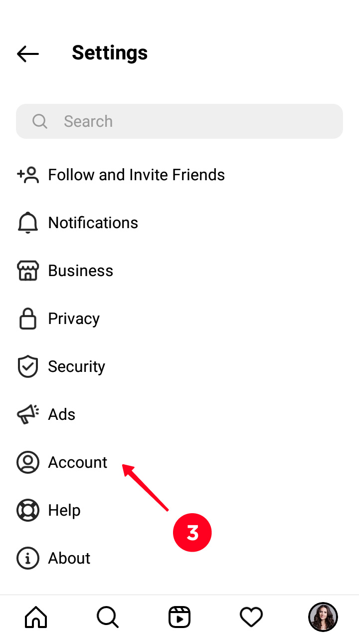 Choosing Account on the list of settings