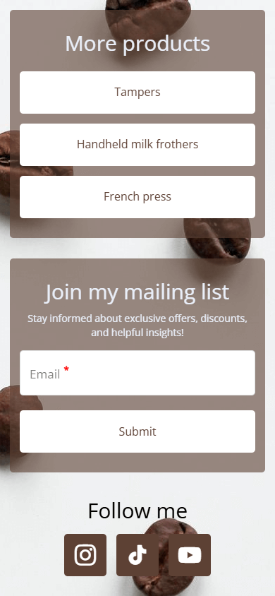 Part of the affiliate marketing link in bio page displaying headlines, text, buttons, an opt-in form, and social media links
