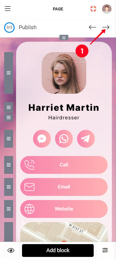 Tapping the Next arrow in the Taplink virtual business card maker