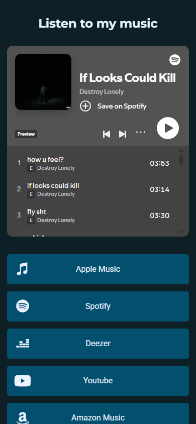 The middle of the music landing page built with Taplink