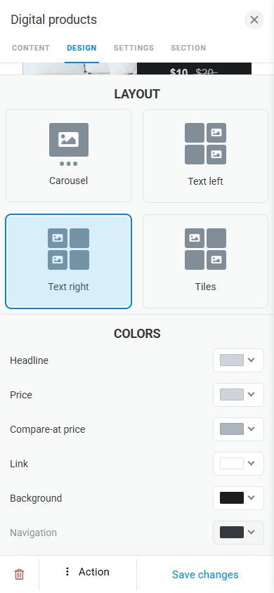 Digital product design settings available in Taplink