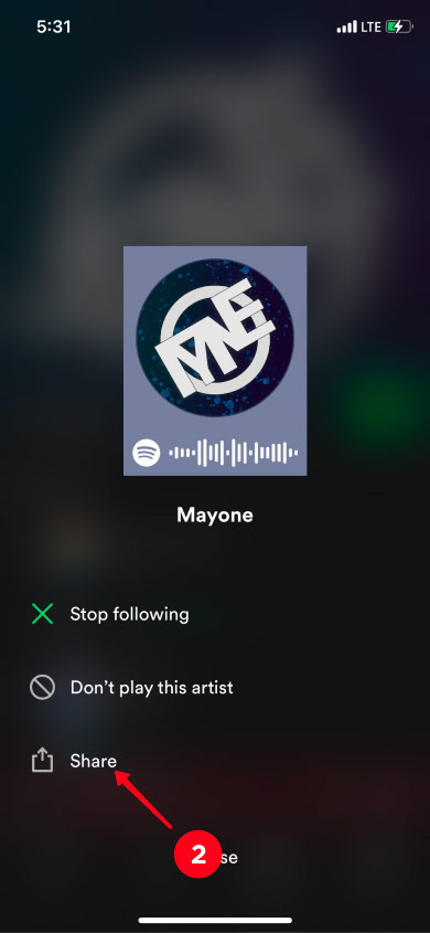 Choosing Share on the list of Spotify artist profile options