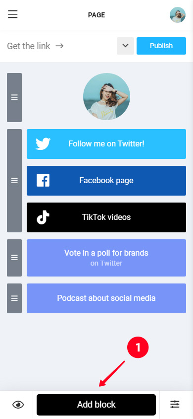 Tapping Add block in the Taplink editor