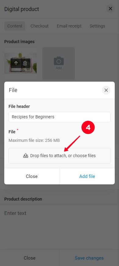 Tapping the upload button when adding a digital product to a site on Taplink