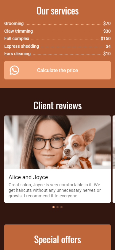 Le sezioni dei prezzi e delle recensioni su un link Taplink nella pagina bio di un profilo TikTok di un salone per animali