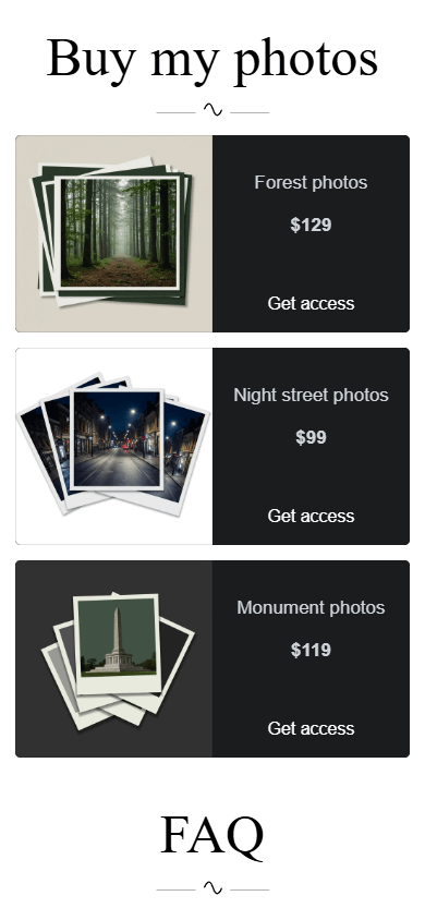 Taplink link in bio page featuring headlines and three digital products with images, titles, prices, and purchase buttons