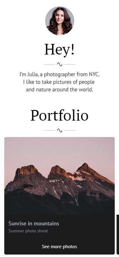 Photographer's link in bio page for her Instagram and VSCO profiles
