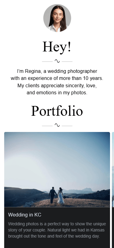 First part of the photographer’s link in bio page featuring an avatar, headlines, text, and an image