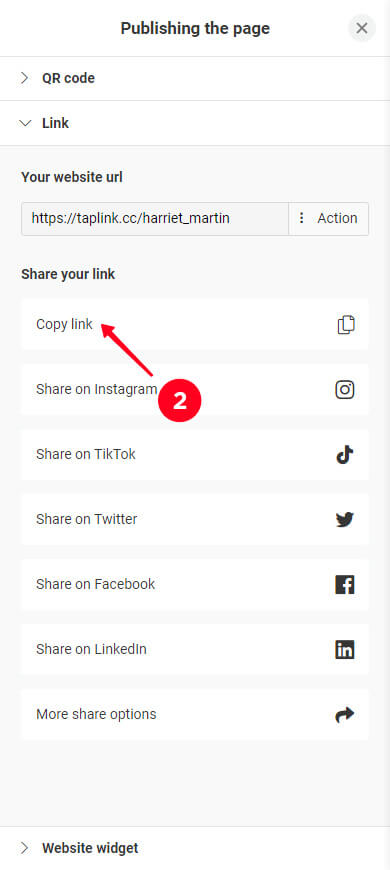 Selecting the Copy link button in the card publishing window