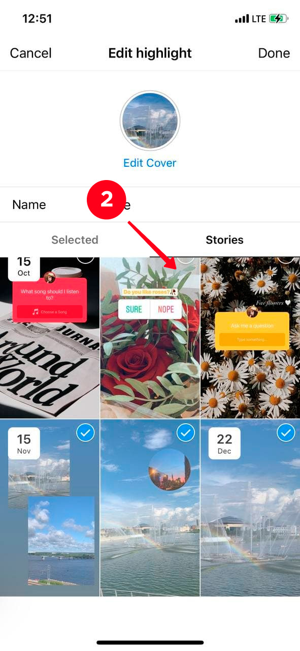 Selecting a story to be added to the Instagram highlight