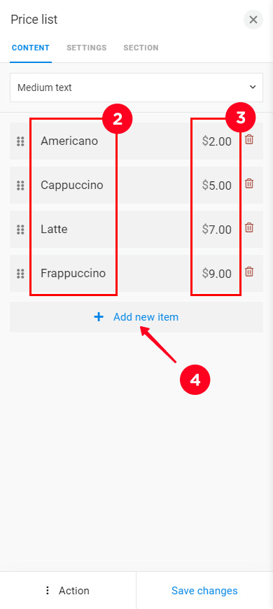 Setting up names and prices for the menu items and adding a new item