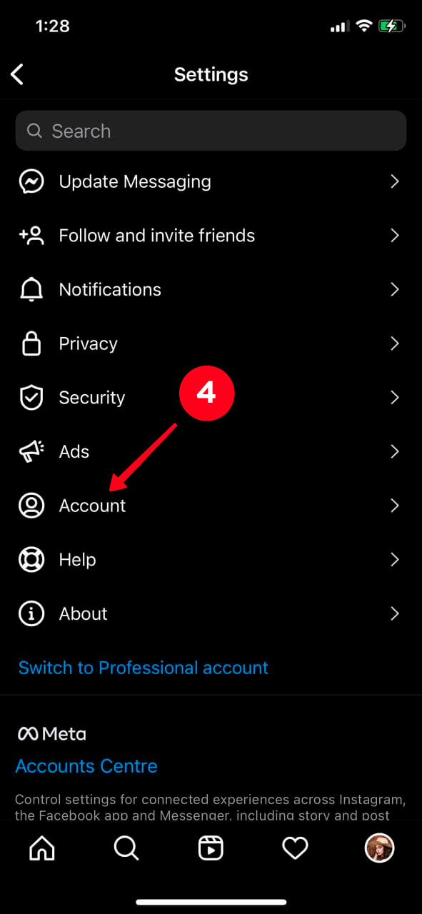 Choosing Account in the Instagram app settings