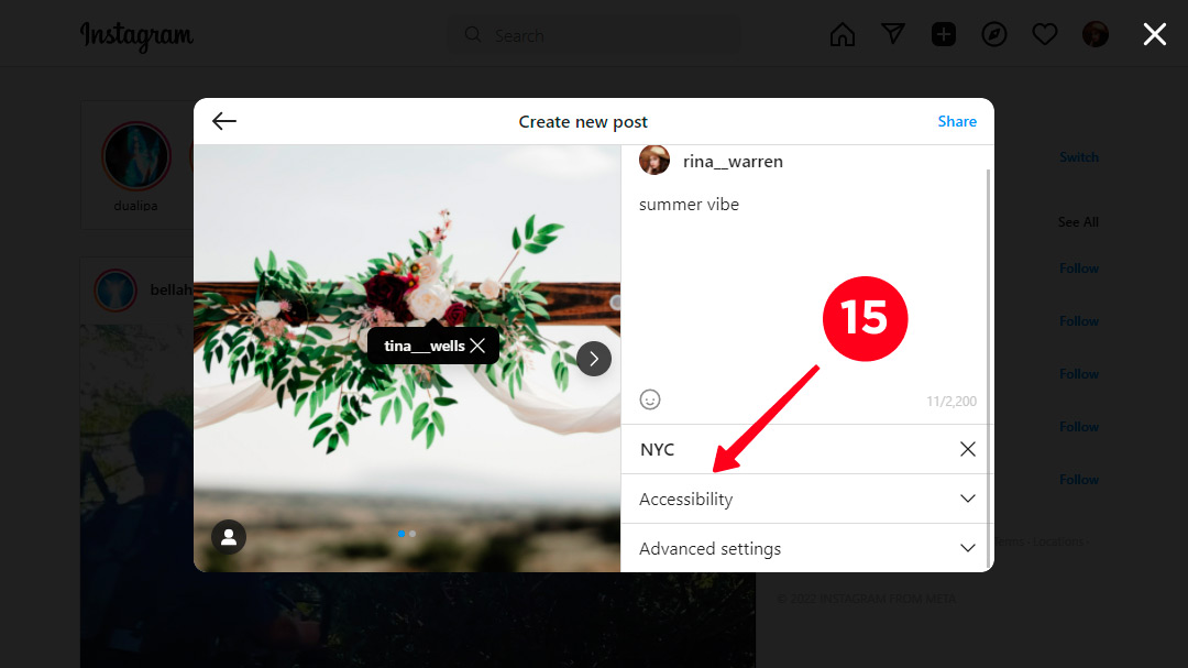 Tapping the Accessibility settings in the Instagram posting menu