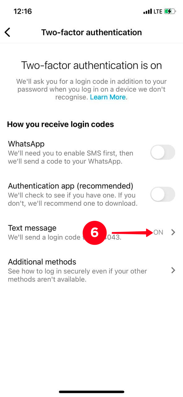 Tapping Text message in the Instagram settings