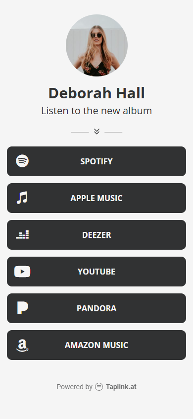 Link in bio page of a musician build with Taplink