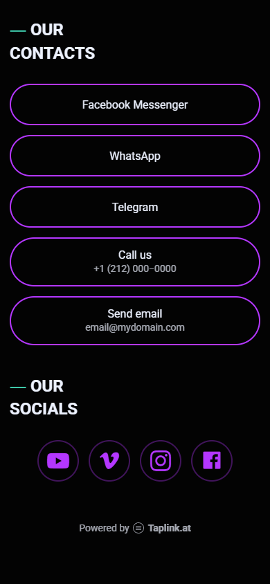 Bagian bawah halaman Taplink untuk pembuat video dengan judul, tombol, dan tautan sosial