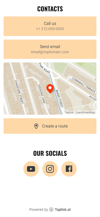 Página criada com o Taplink, uma alternativa aos Beacons, e que exibe texto, botões de contato, um mapa e links de mídia social