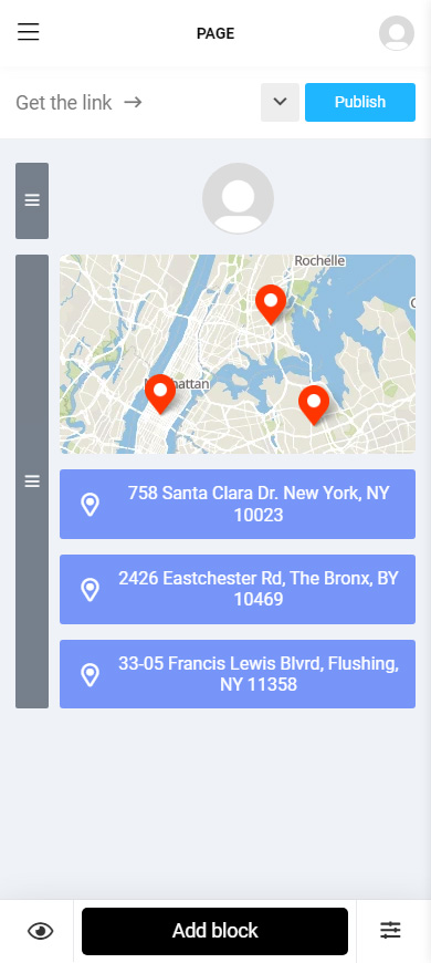 Map with clickable location links on a Taplink page in the editor