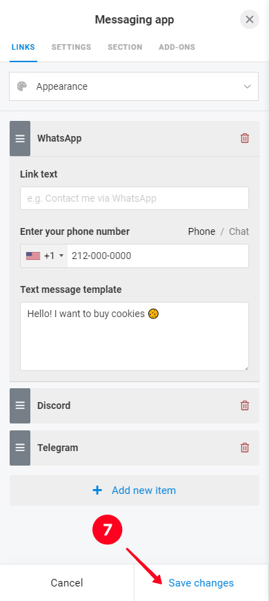 Saving changes in the Messaging app block
