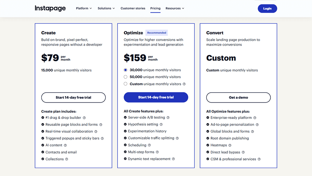 Instapage pricing plans page featuring three plan tiers