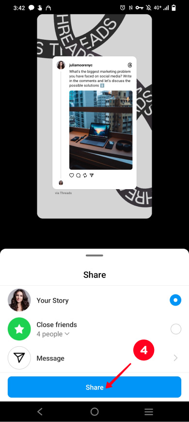 Tapping Share in the Instagram Stories posting menu