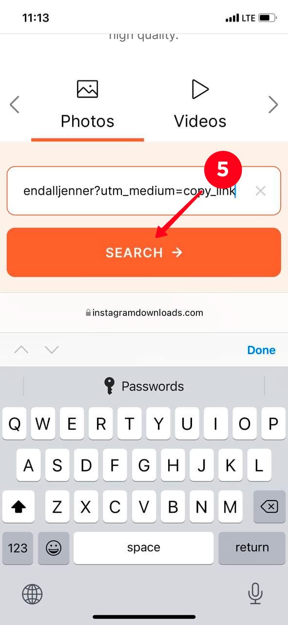 Tapping Search on the InstagramDownloads