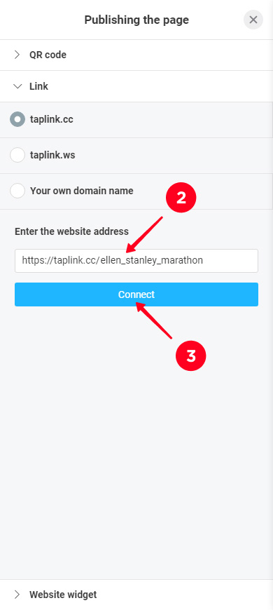Setting an URL to a Taplink page