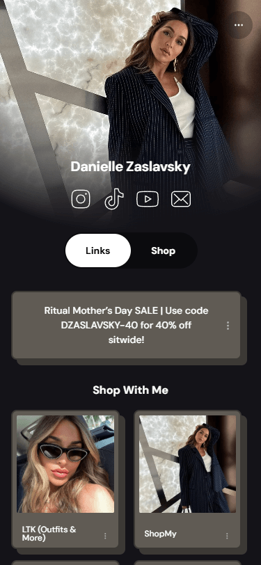 Página do Linktree de Danielle Zaslavsky